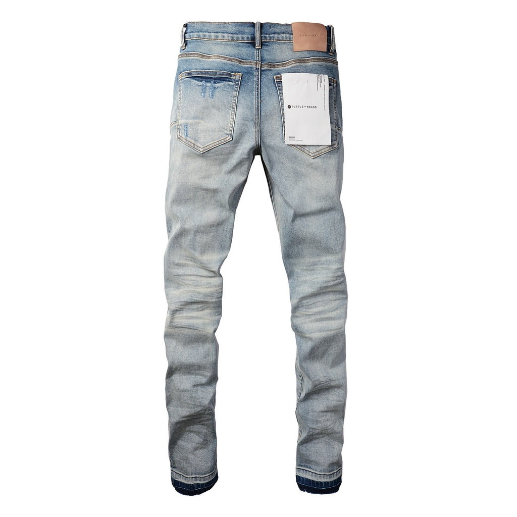 Men's Streetwear Slim Fit Distressed Light Blue Stretch Skinny Damaged Holes Raw Hems Ripped Jeans