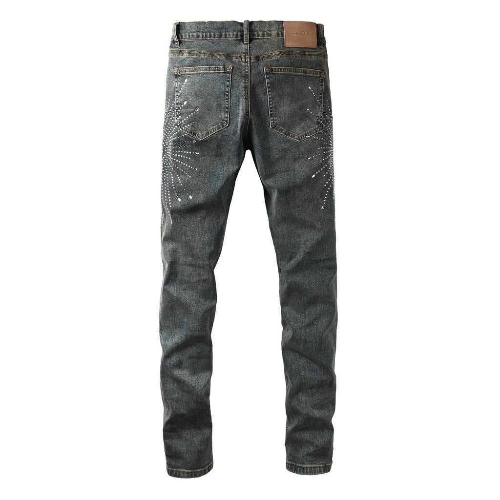 Men's Washed Blue Skinny Jeans with Ripped Holes, Rhinestones & Button Fly