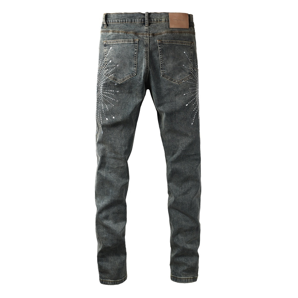 Men's Washed Blue Skinny Jeans with Ripped Holes, Rhinestones & Button Fly