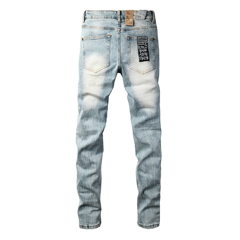 Men's Ksubi-Style Light Wash Rhinestone Logo Skinny Jeans - Streetwear Denim
