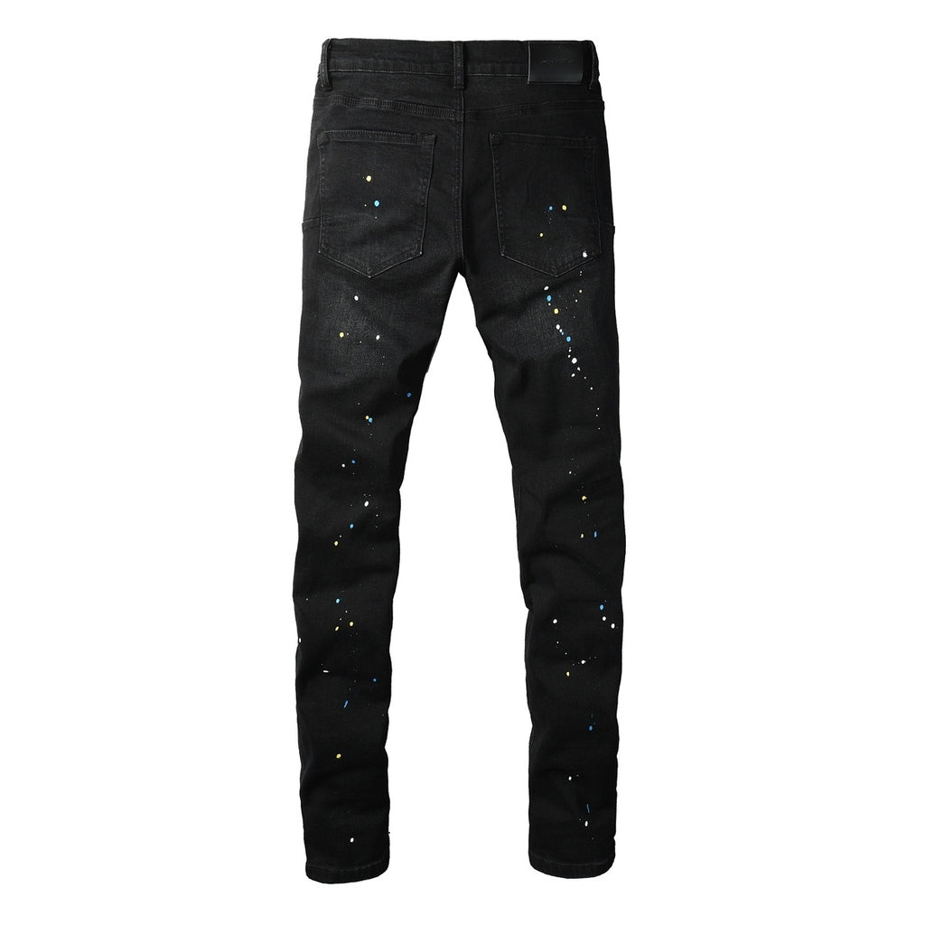 Men's Distressed Dark Black Skinny Jeans with Graffiti & Spray Paint Design & Ripped Holes