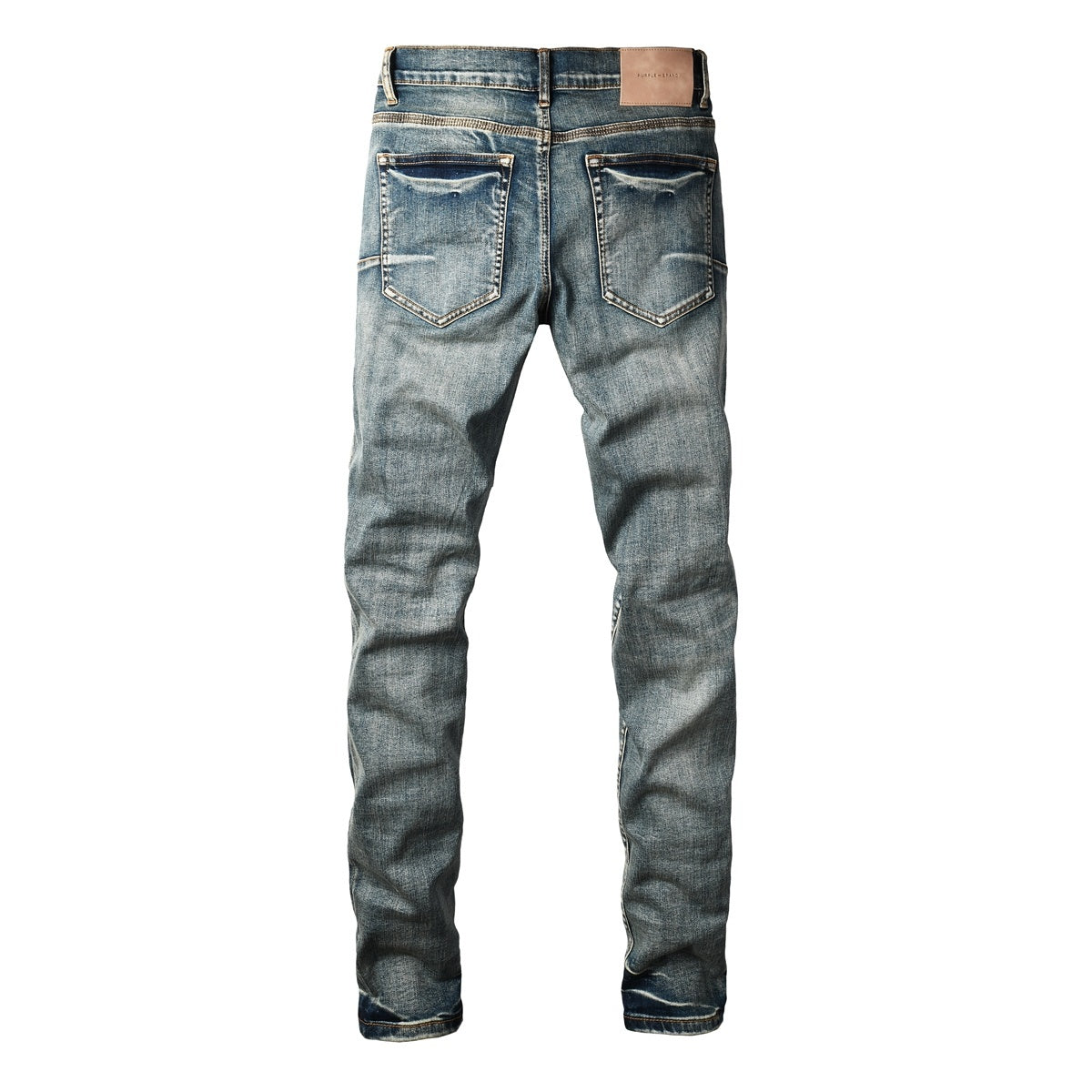Men's Distressed Blue Skinny Jeans with Devil Suture Design & Ripped Holes & Button Fly