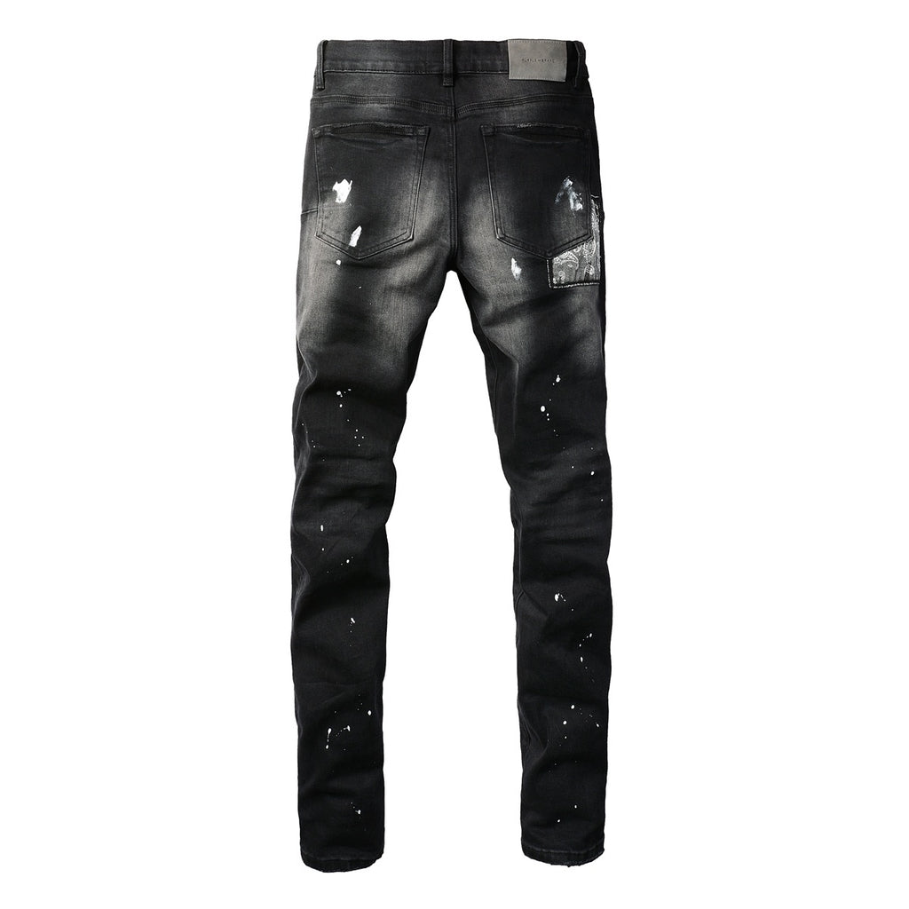 Men's Distressed Black Skinny Jeans with Bandanna Patchwork, Ripped Holes & Button Fly