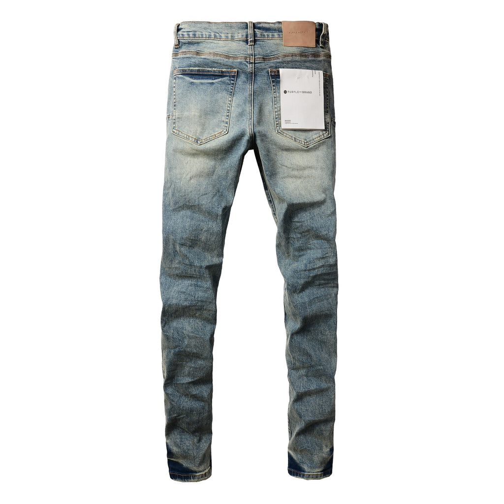 Men's Distressed Light Blue Patchwork Stretch Slim Fit Ripped Denim Jeans