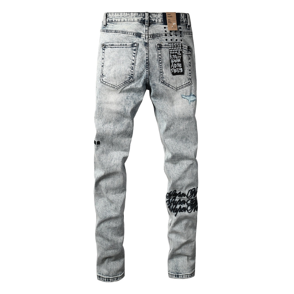 Men’s Acid Wash Skinny Jeans - Distressed Embroidered Street Denim