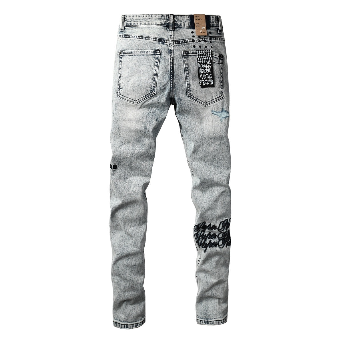 Men’s Acid Wash Skinny Jeans - Distressed Embroidered Street Denim