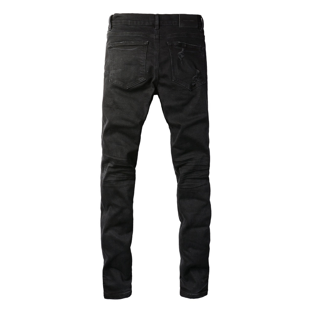 Men's Distressed Black Skinny Jeans with Ripped Holes & Button Fly