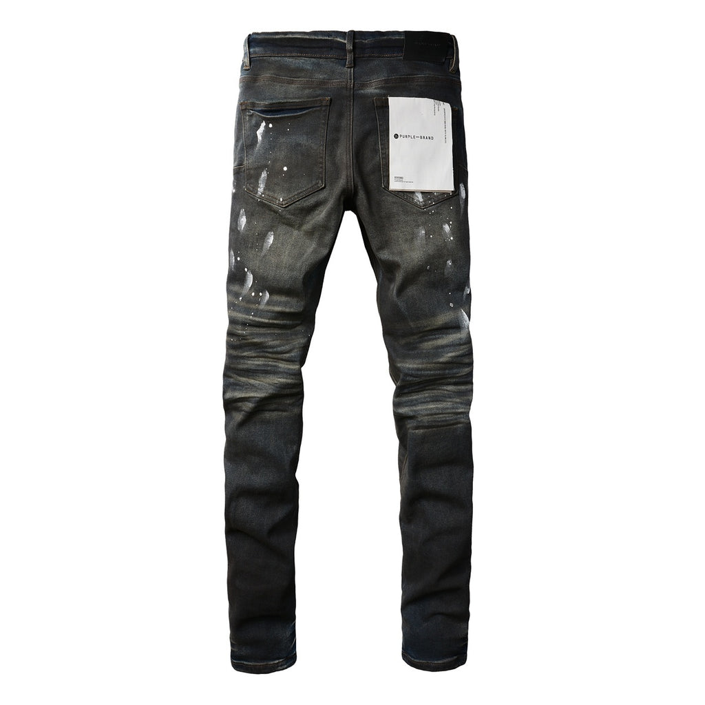Men's High Street Distressed Black Spray Painted Stretch Slim Fit Ripped Jeans