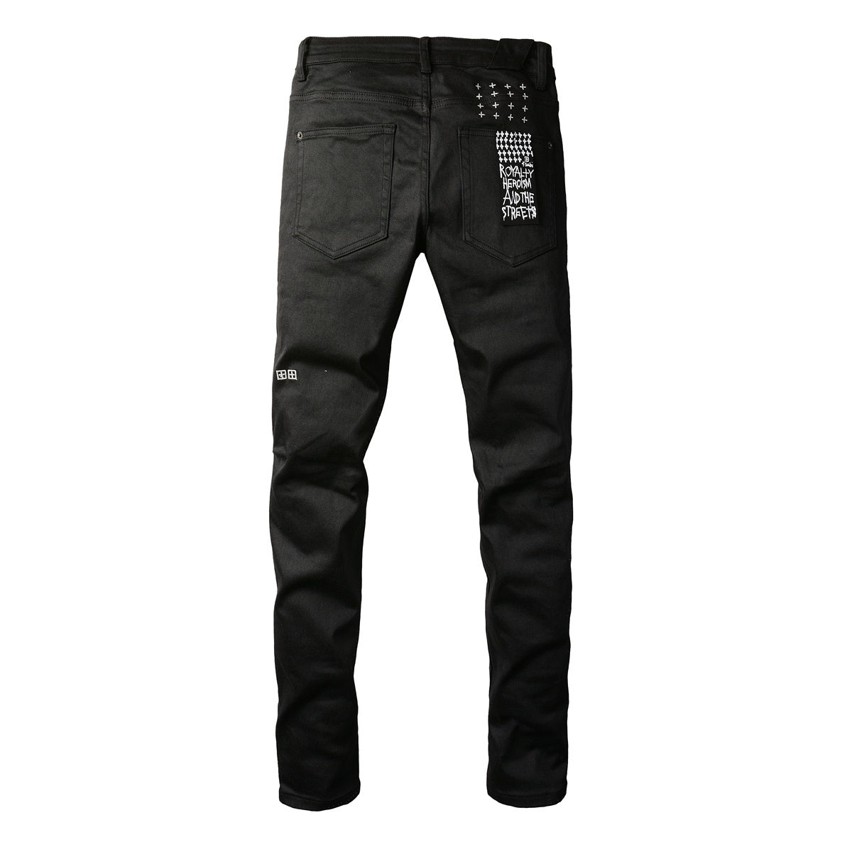 Men's Black Coated Embroidered Distressed Skinny Jeans - Stretch Denim