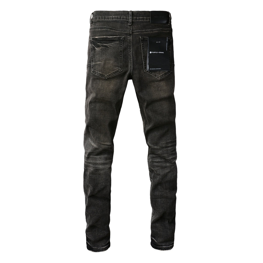 Men's Distressed Black Gray Patchwork Skinny Jeans with Ripped Holes & Button Fly