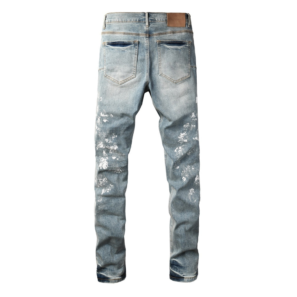 Men's Distressed Light Indigo Skinny Jeans with Graffiti, Ripped Holes & Button Fly