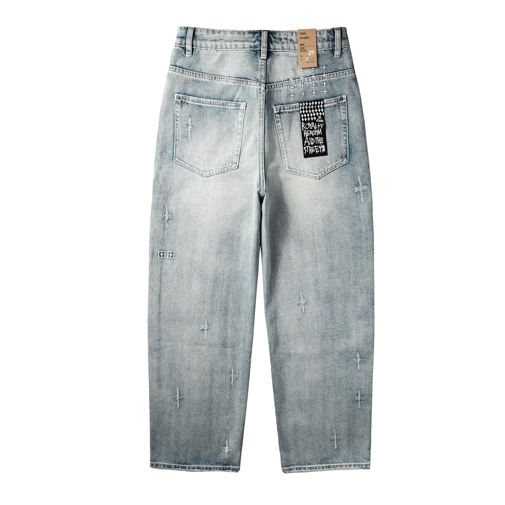 Men’s Light Wash Baggy Jeans - Cross Embroidered Loose Denim