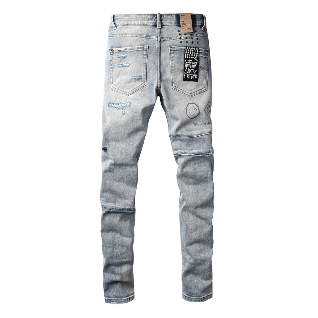 Men’s Light Wash Biker Skinny Jeans - Distressed Street Denim