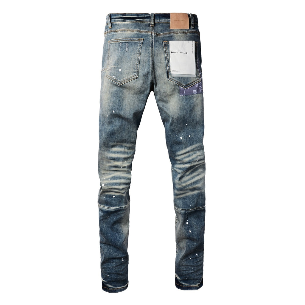 Men's Streetwear Classical Blue Distressed Bandanna Patchwork Stretch Slim Fit Ripped Jeans