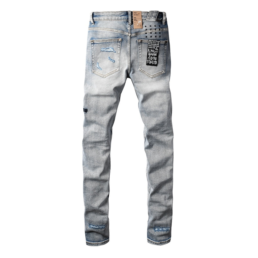 Men’s Light Wash Skinny Jeans - Cross Embroidered Distressed Denim