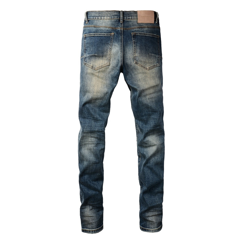 Men's Distressed Dark Blue Skinny Jeans with Button Fly & Ripped Detailing