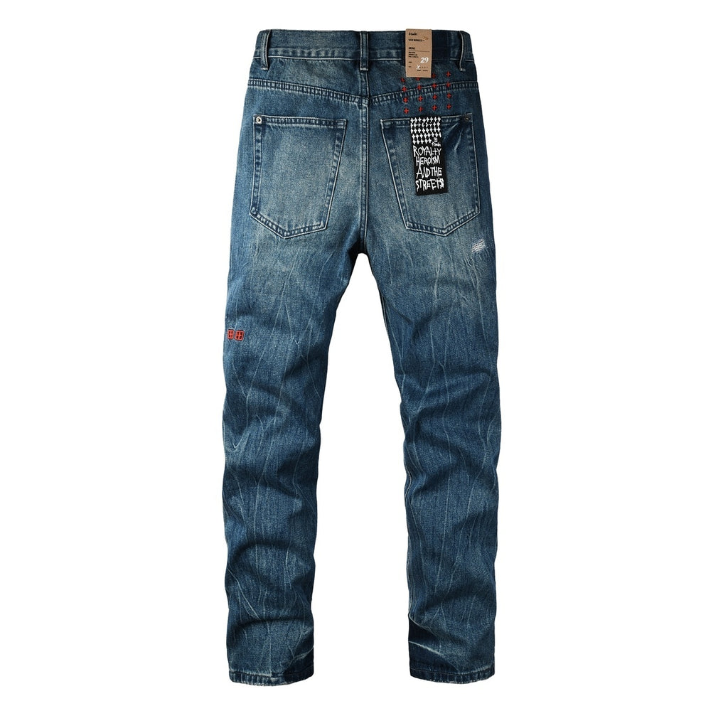 Men’s Vintage Blue Baggy Jeans - Distressed Knee Patch Denim