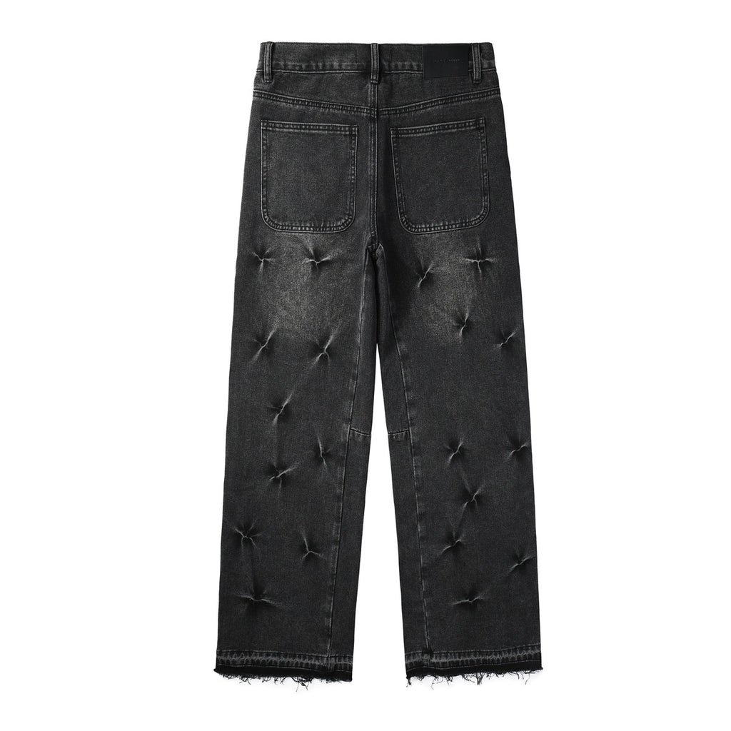 Men's Distressed Black Gray Loose Fit Jeans with Ripped Holes & Button Fly