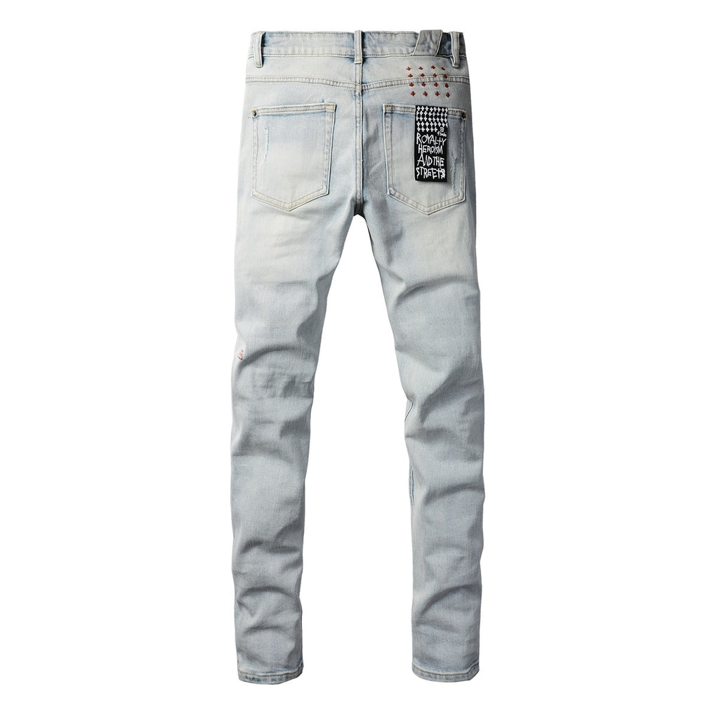Men's Light Wash Lion Crest Patch Distressed Skinny Jeans - Stretch Denim