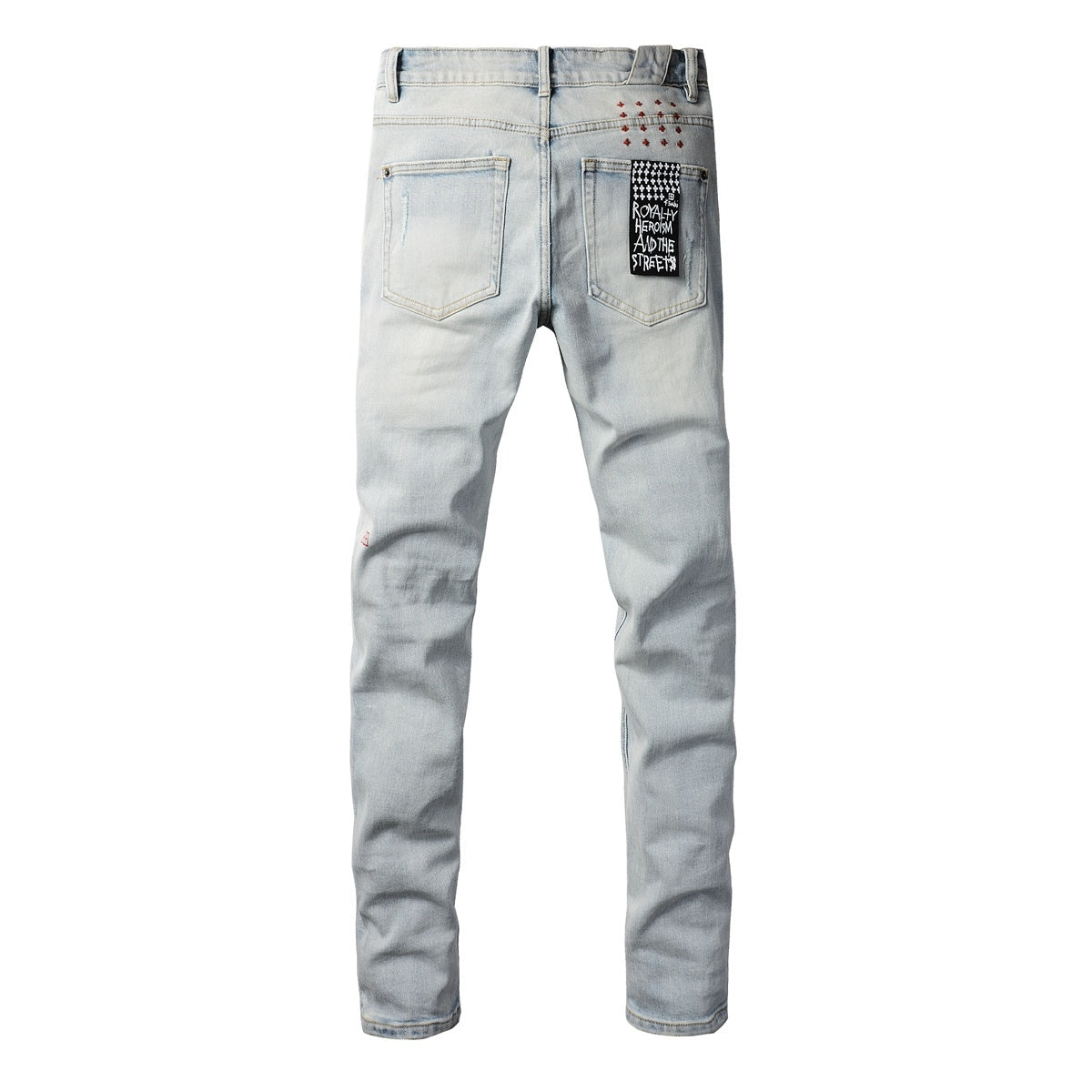 Men's Light Wash Lion Crest Patch Distressed Skinny Jeans - Stretch Denim