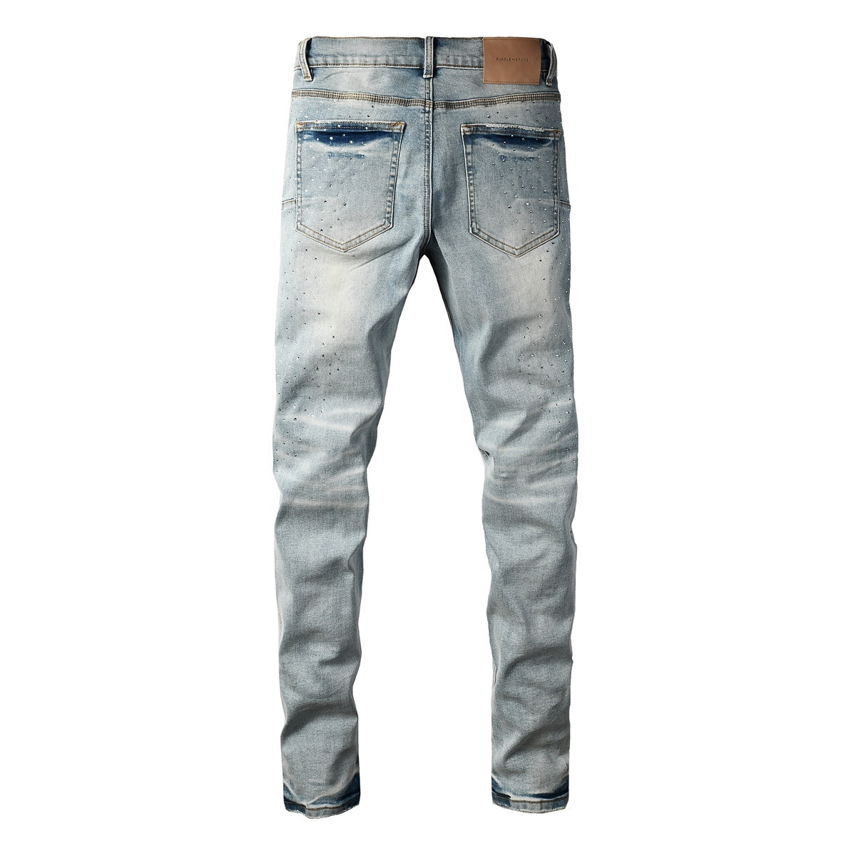 Men's Distressed Light Indigo Skinny Jeans with Transparent Rhinestones & Ripped Holes