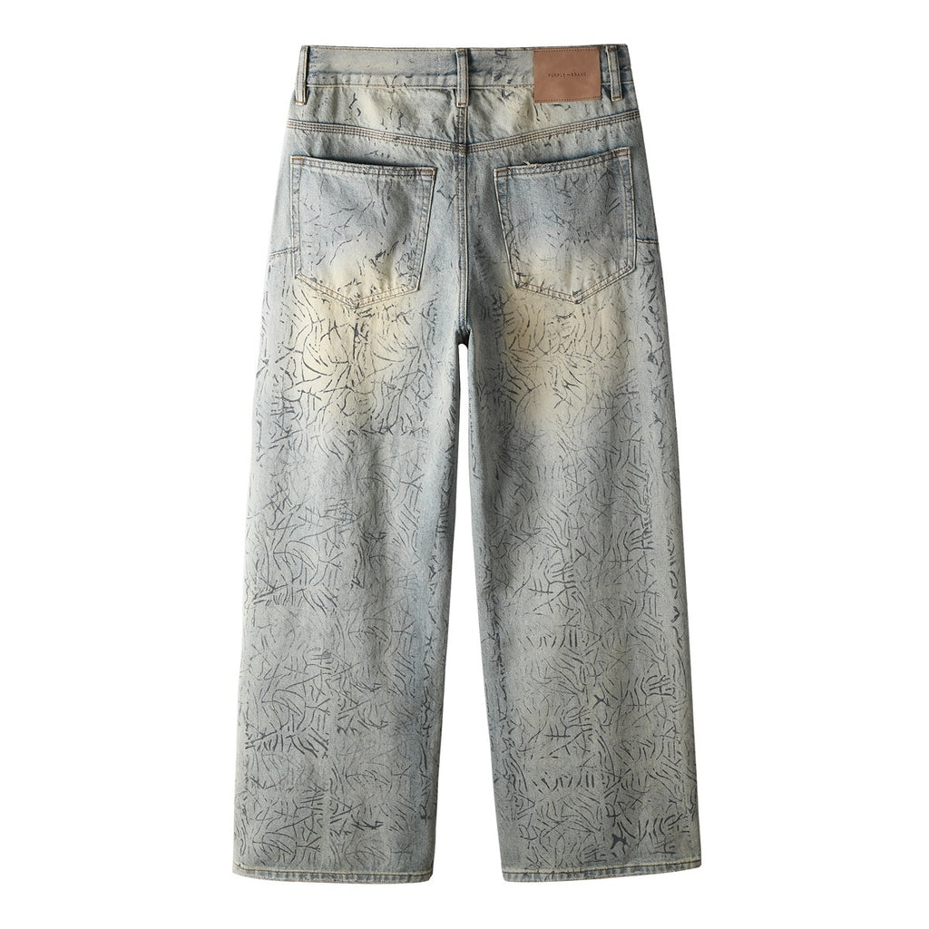 Men's Washed Distressed Blue Baggy Jeans with Rhinestones & Loose Fit