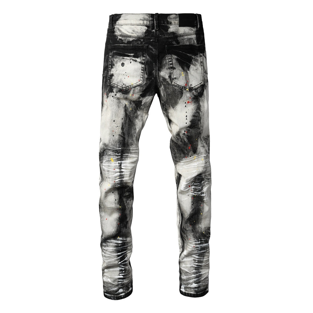 Men's Tie-Dye Graffiti Skinny Jeans with Ripped Holes & Button Fly