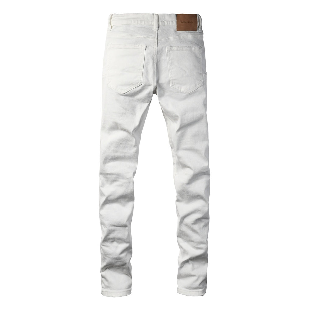 Men's Distressed White Beige Skinny Jeans with Ripped Holes & Button Fly
