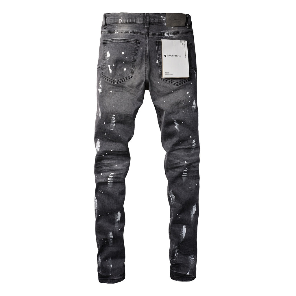 Men's Slim Fit Distressed Gray Damaged Holes Graffiti Stretch Ripped Jeans