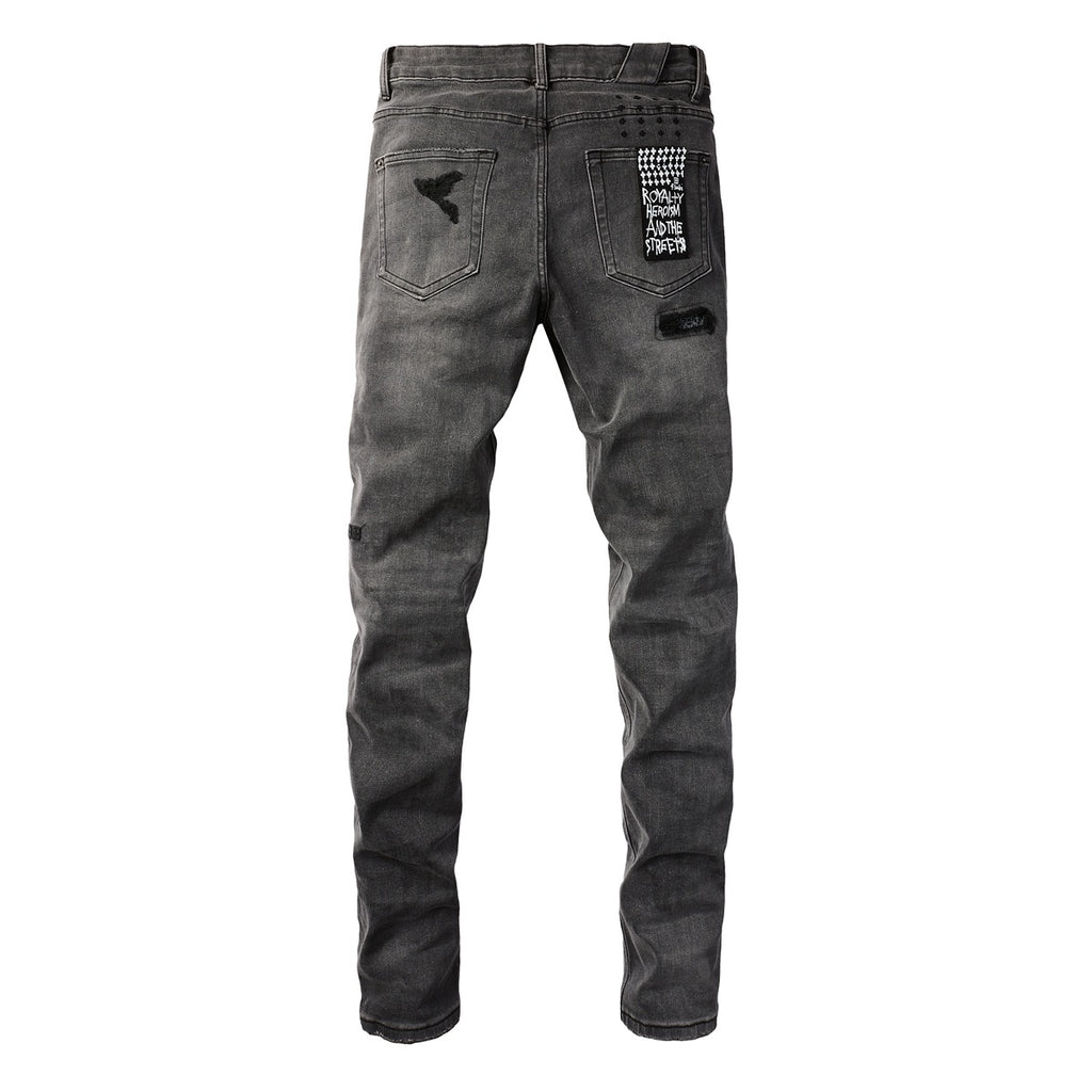Men's Grey Wash Bandana Patch Distressed Skinny Jeans - Stretch Denim