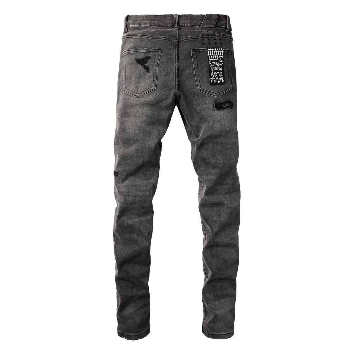 Men's Grey Wash Bandana Patch Distressed Skinny Jeans - Stretch Denim