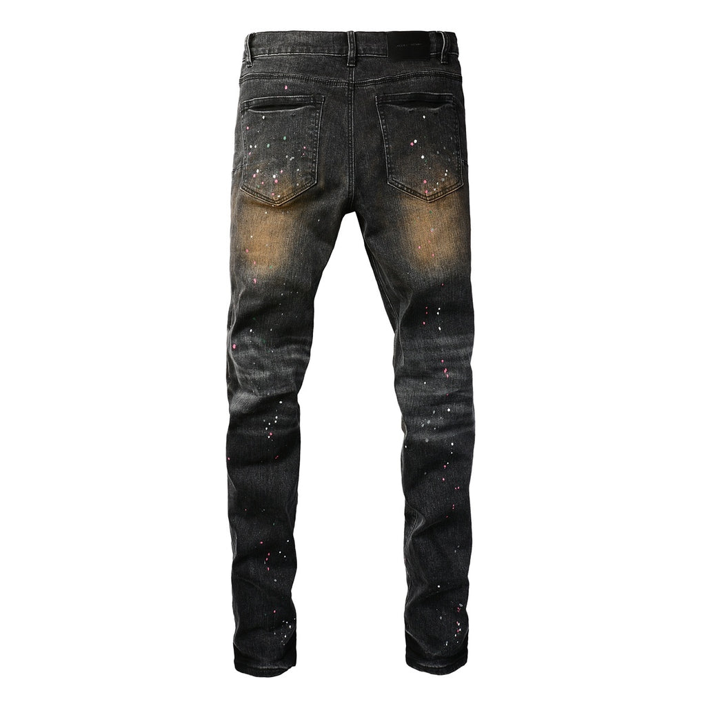 American Vintage Men's Distressed Dark Gray Skinny Jeans with Spray Paint & Ripped Holes