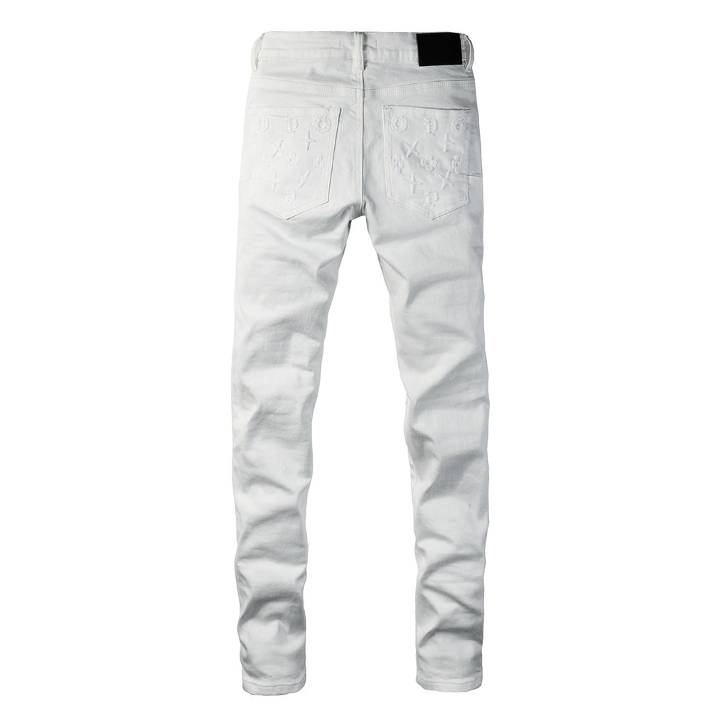Men's Distressed White Skinny Jeans with Embroidered Patterns & Ripped Holes & Button Fly