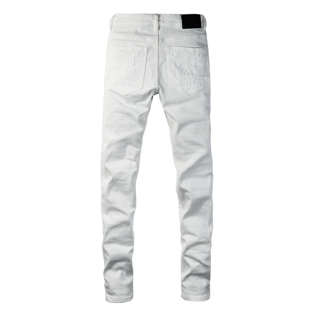 Men's Distressed White Skinny Jeans with Embroidered Patterns & Ripped Holes & Button Fly
