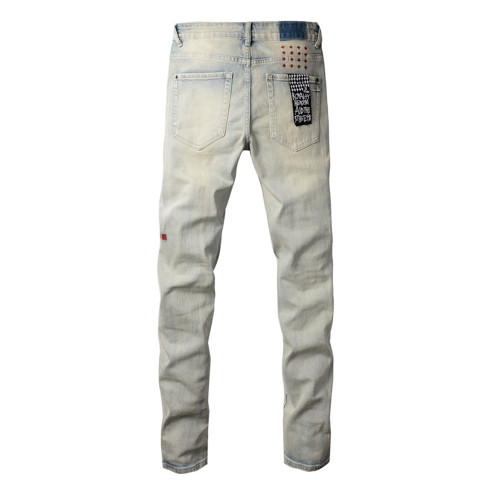 Men's Light Wash Minimal Embroidered Skinny Jeans - Stretch Denim