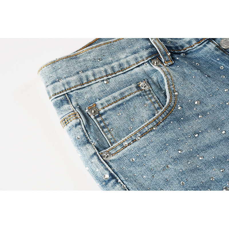 Men's Light Wash All-Over Rhinestone Skinny Jeans | Streetwear Slim Fit Embellished Denim Pants