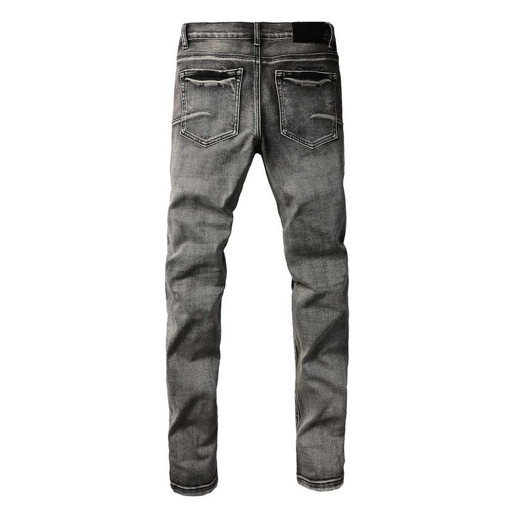 Men's High Street Distressed Ash Gray Skinny Jeans with Ripped Holes & Button Fly
