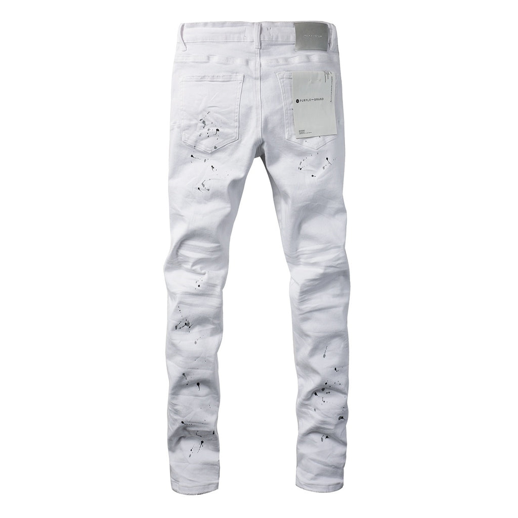 Men's White Distressed Damaged Holes High Stretch Slim Fit Spray Paint Ripped Jeans
