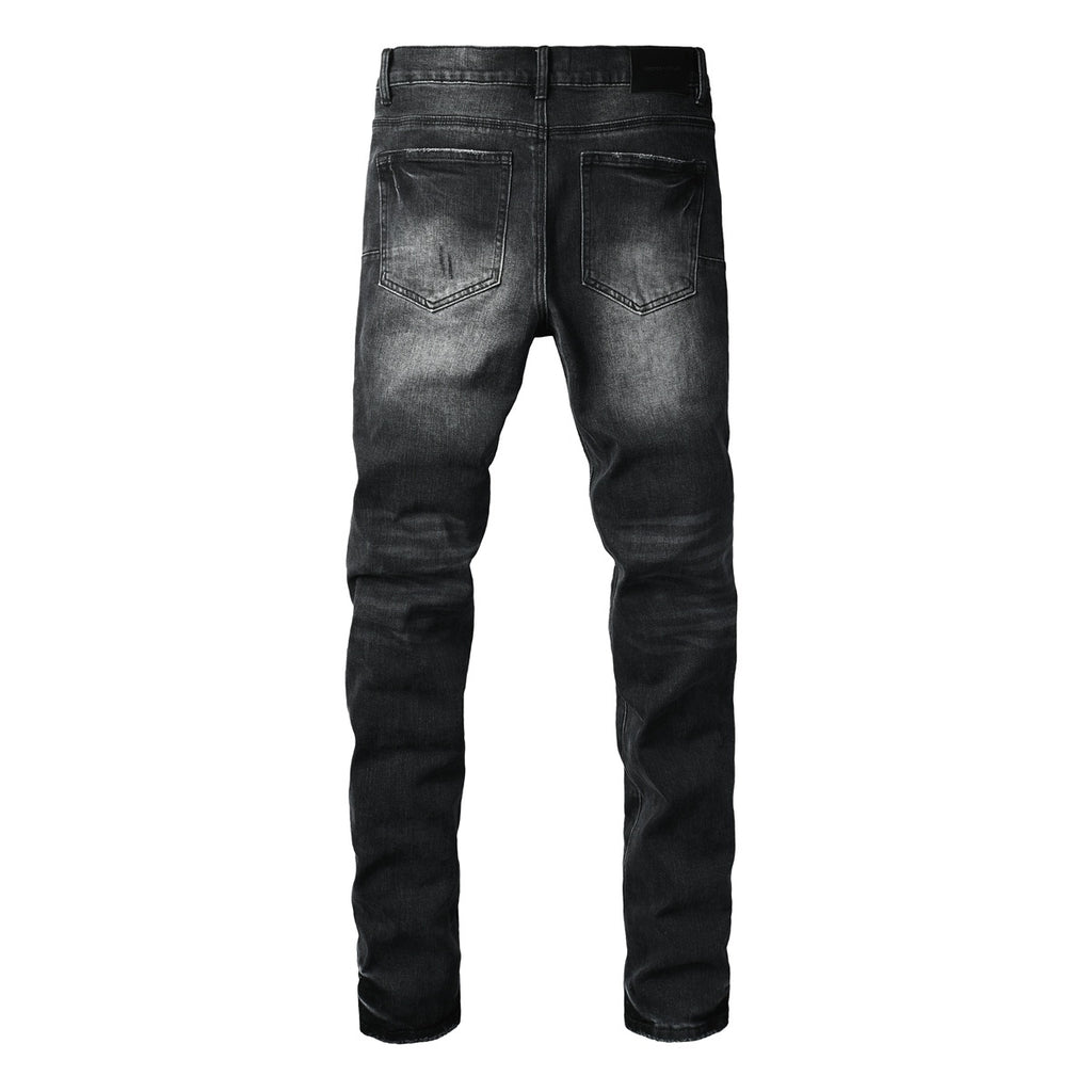 Men's Distressed Black Gray Skinny Jeans with Patchwork, Ripped Holes & Button Fly