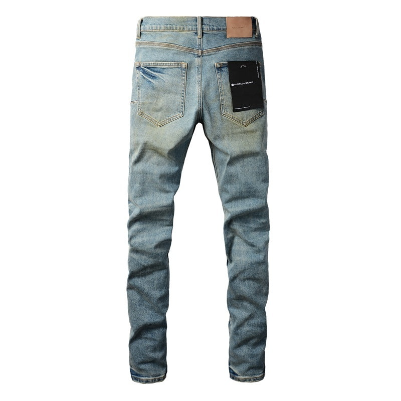 Slim Fit American Men's Distressed Blue Skinny Jeans with Ripped Holes & Button Fly