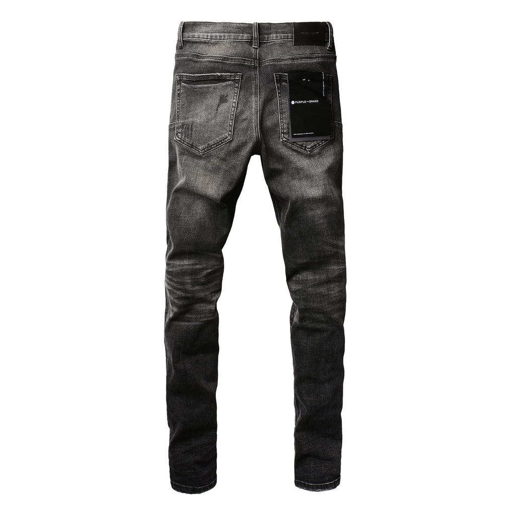 Men's Distressed Black Gray Skinny Jeans with Ripped Holes & Button Fly