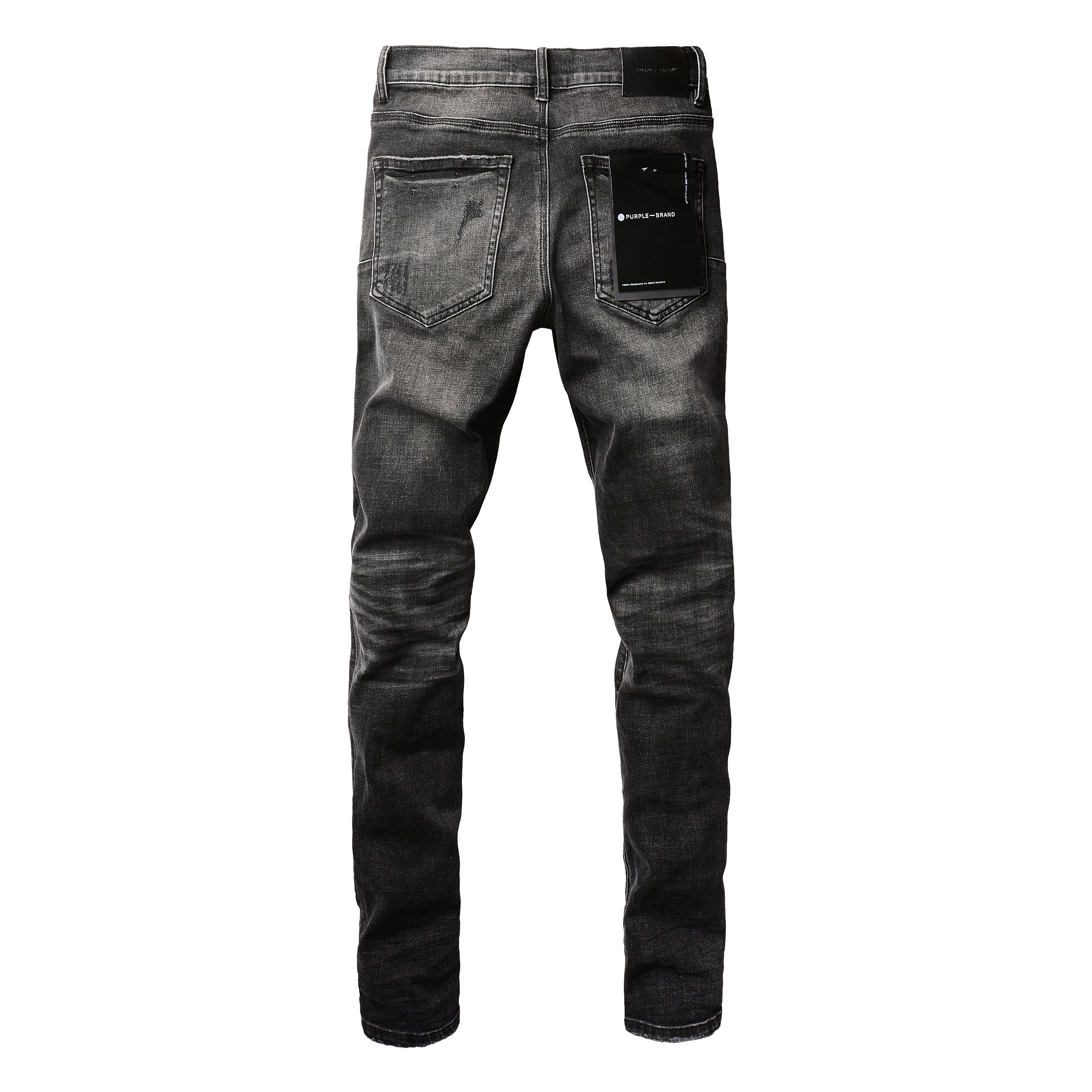 Men's Distressed Black Gray Skinny Jeans with Ripped Holes & Button Fly