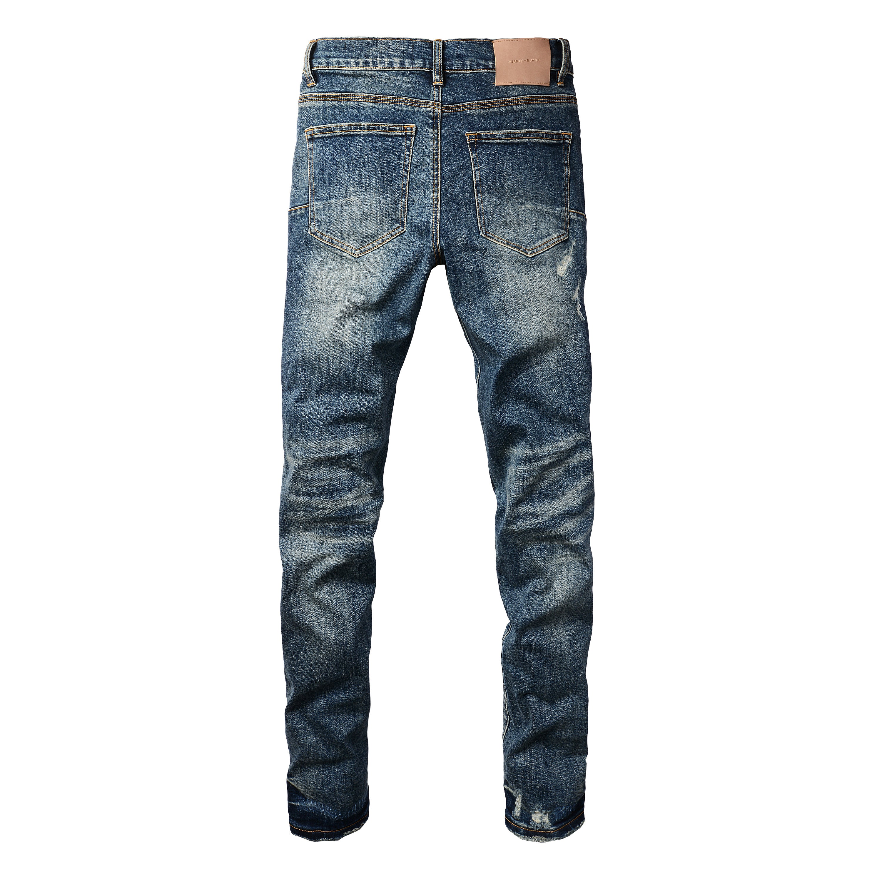 Men's Distressed Dark Blue Skinny Jeans with Ripped Holes & Button Fly