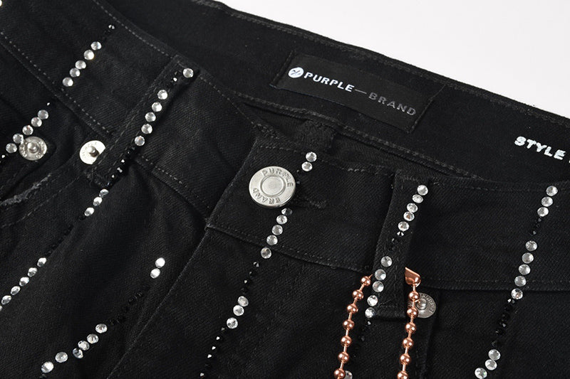 Men's Black Vertical Rhinestone Striped Skinny Jeans | Streetwear Slim Fit Denim Pants