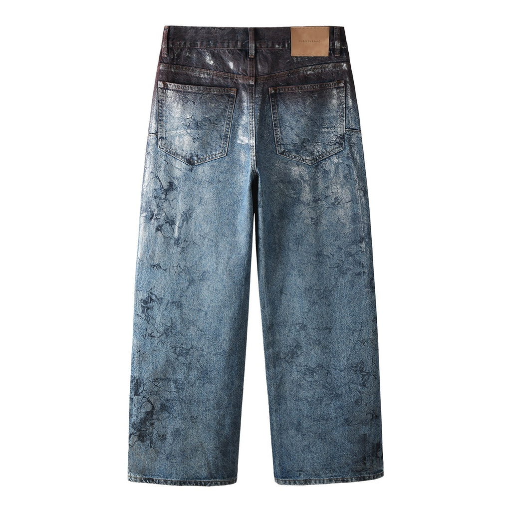 Men's Distressed Blue Coated Baggy Jeans with Graffiti Design & Stretch Fit