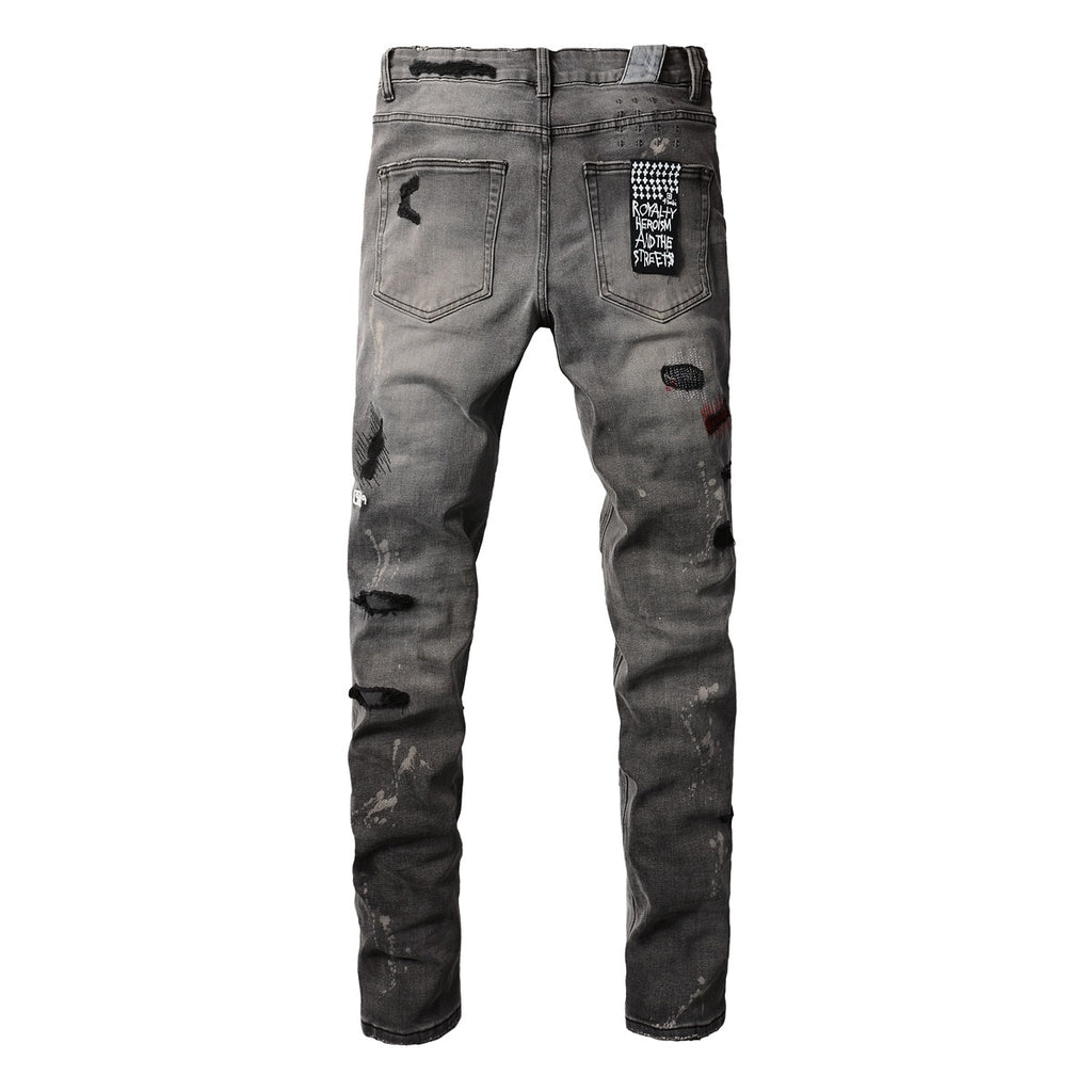 Men's Grey Wash Embroidered Distressed Skinny Jeans - Stretch Denim