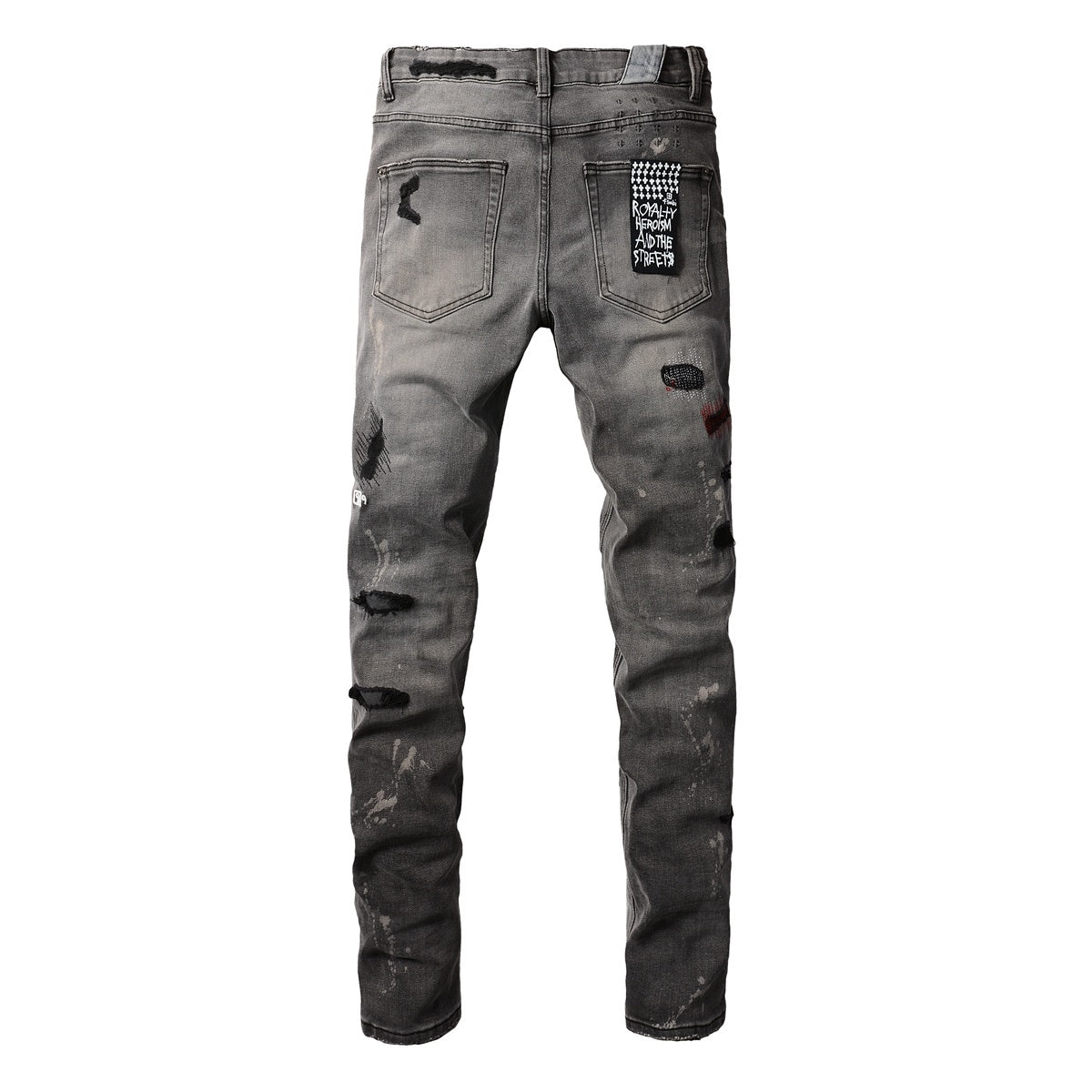 Men's Grey Wash Embroidered Distressed Skinny Jeans - Stretch Denim