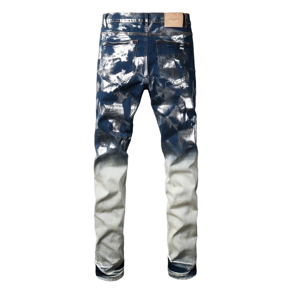 Men's Distressed Blue Skinny Jeans with Silver Coating, Ripped Holes & Button Fly