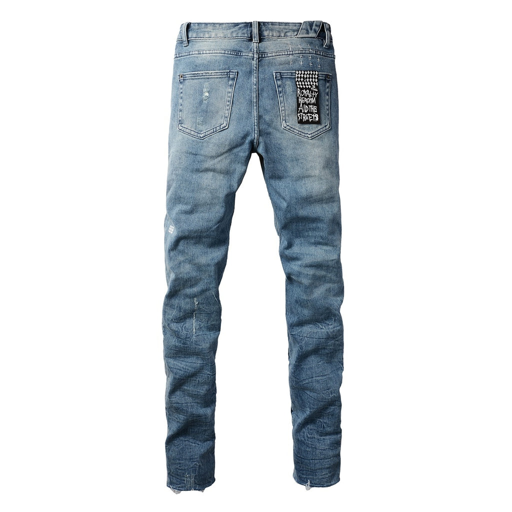 Men's Light Wash Multi-Patch Distressed Skinny Jeans - Stretch Denim