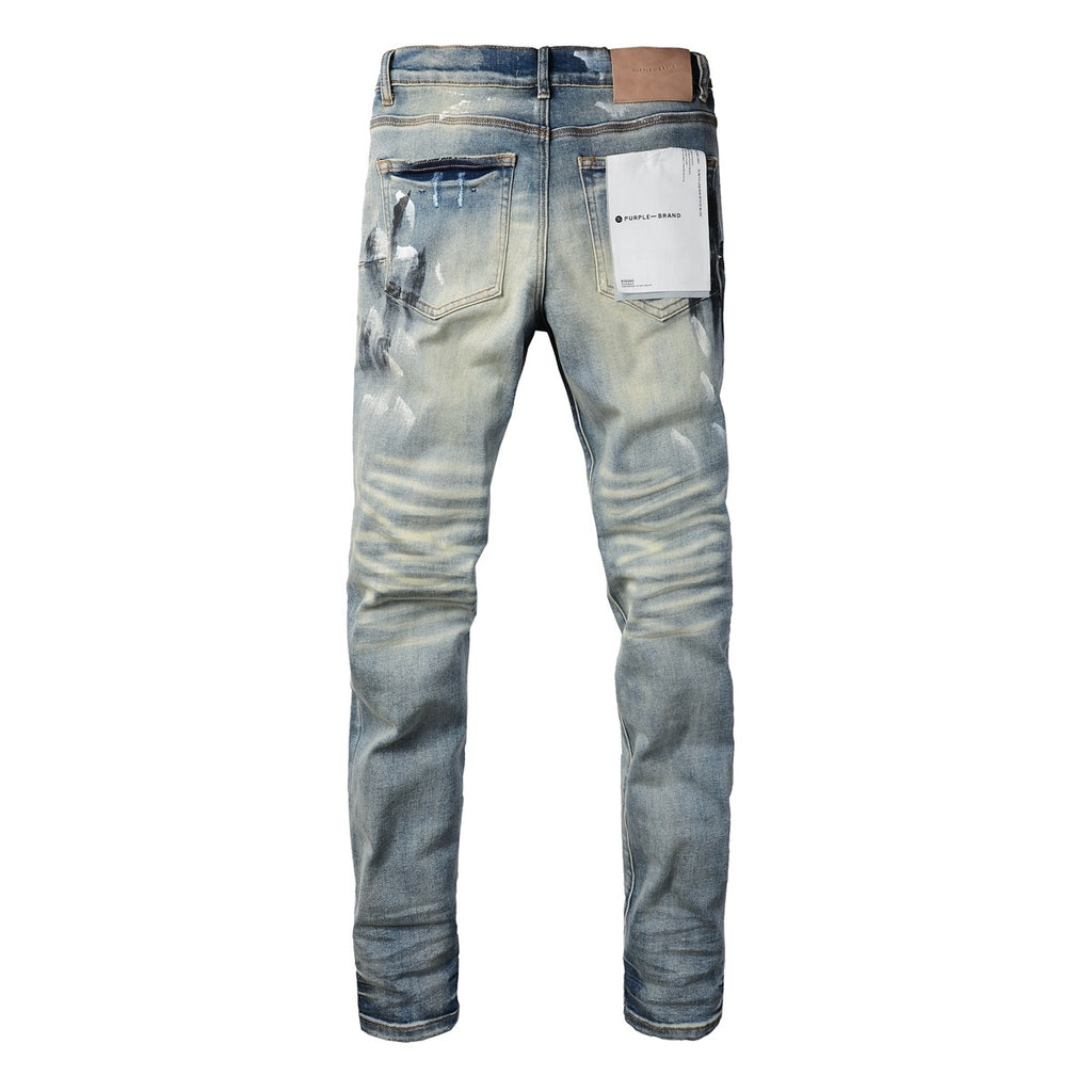 Men High Street Distressed Light Blue Destroyed Holes Graffiti Painted Stretch Slim Fit Ripped Jeans